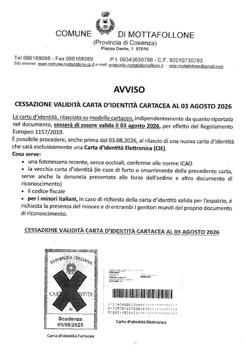 Cessazione validità Carta d'Identità Cartacea al 03 agosto 2026